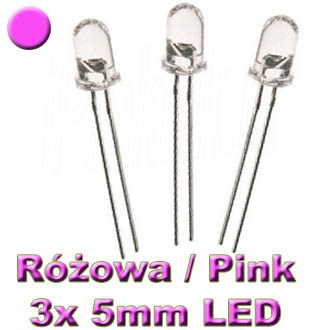 Komplet: 3 szt. Dioda Różowa! 3x LED 5mm, Pink! PL